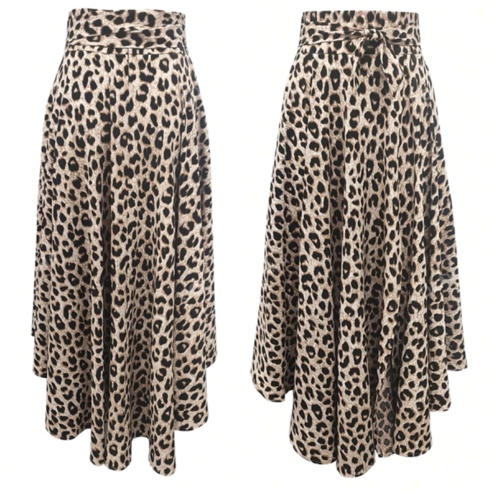 Classic Leopard Print High Waisted Split Thigh Pockets Maxi Skirt - Picture 2 of 5